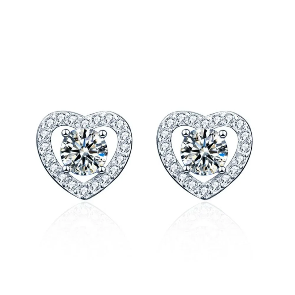 Certified 1 ct. t.w. Moissanite Diamond Heart Halo Stud Earrings NEW